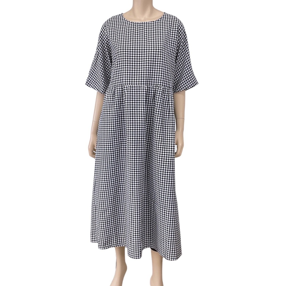 Zanzea Dress‎ Womens XL Black White Gingham Check Short Sleeve Maxi Long NWT